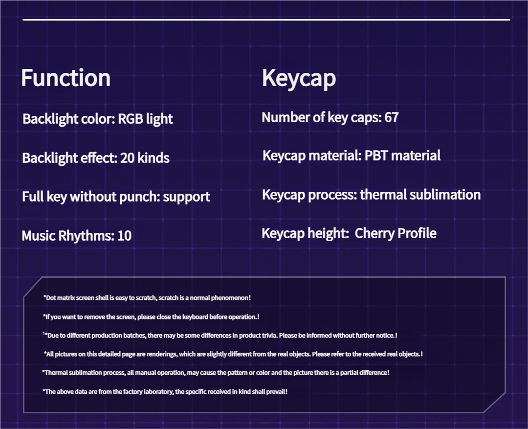 Cyber Star AMG65 smart screen mechanical keyboard at various angles, showcasing its interactive dot-matrix display and customizable thematic aesthetics.