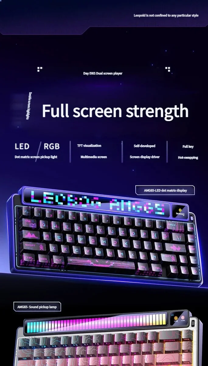 Cyber Star AMG65 Smart Screen Mechanical Keyboard gallery showcasing its interactive display, customizable artistic themes, and premium design from various angles.