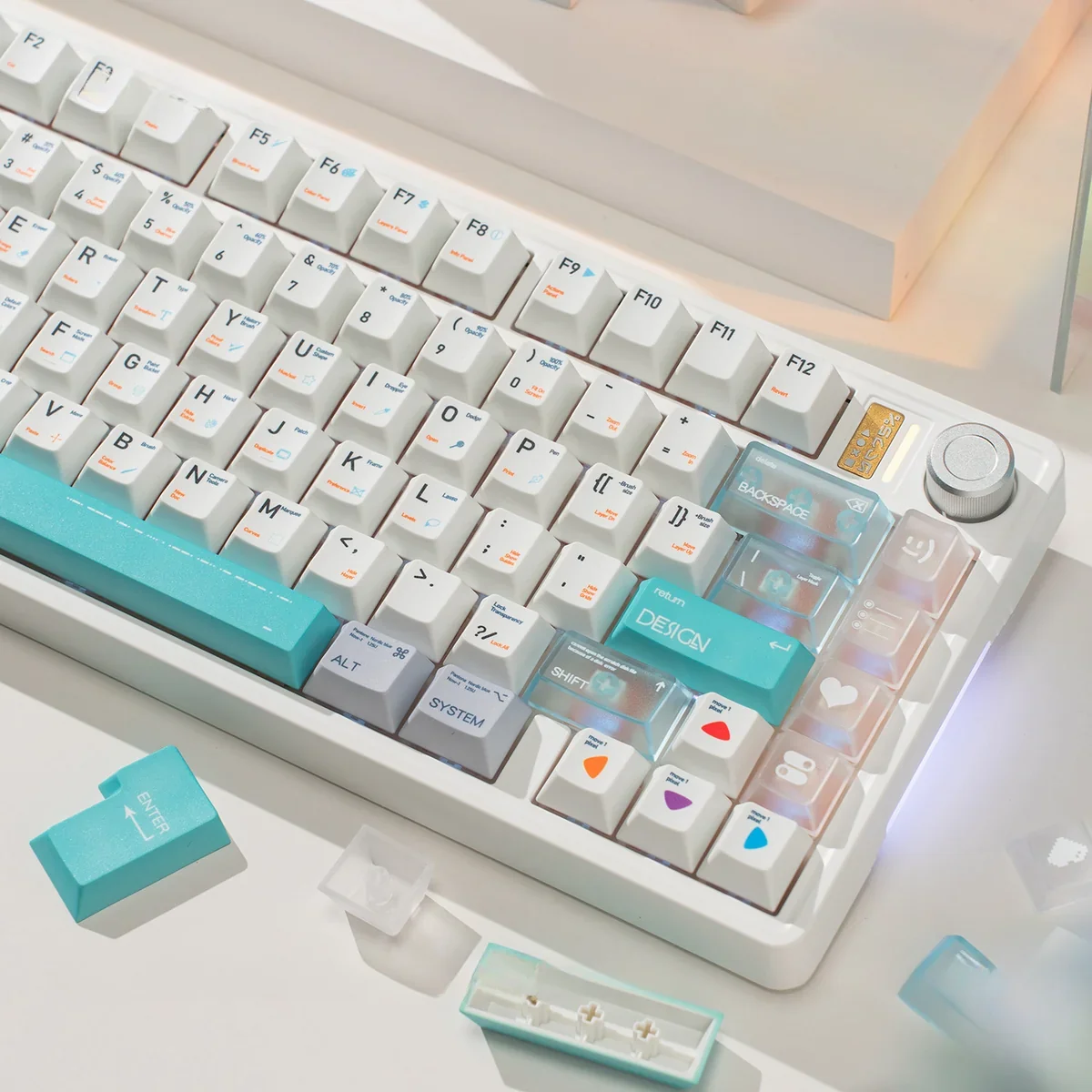 Multiple views of the Designer PBT & Frosted PC Keycap Set, highlighting hybrid PBT and frosted translucent PC, modern minimalist aesthetic, and crisp design.
