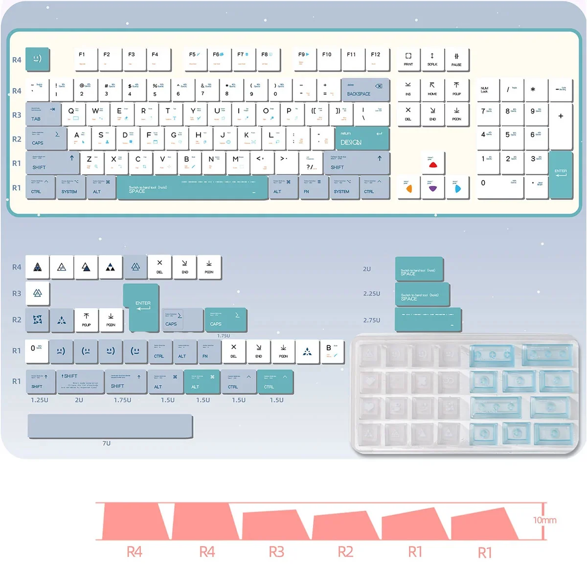 Multiple angles of the Designer PBT & Frosted PC Keycap Set reveal its premium hybrid construction, minimalist frosted translucent design, and crisp design.