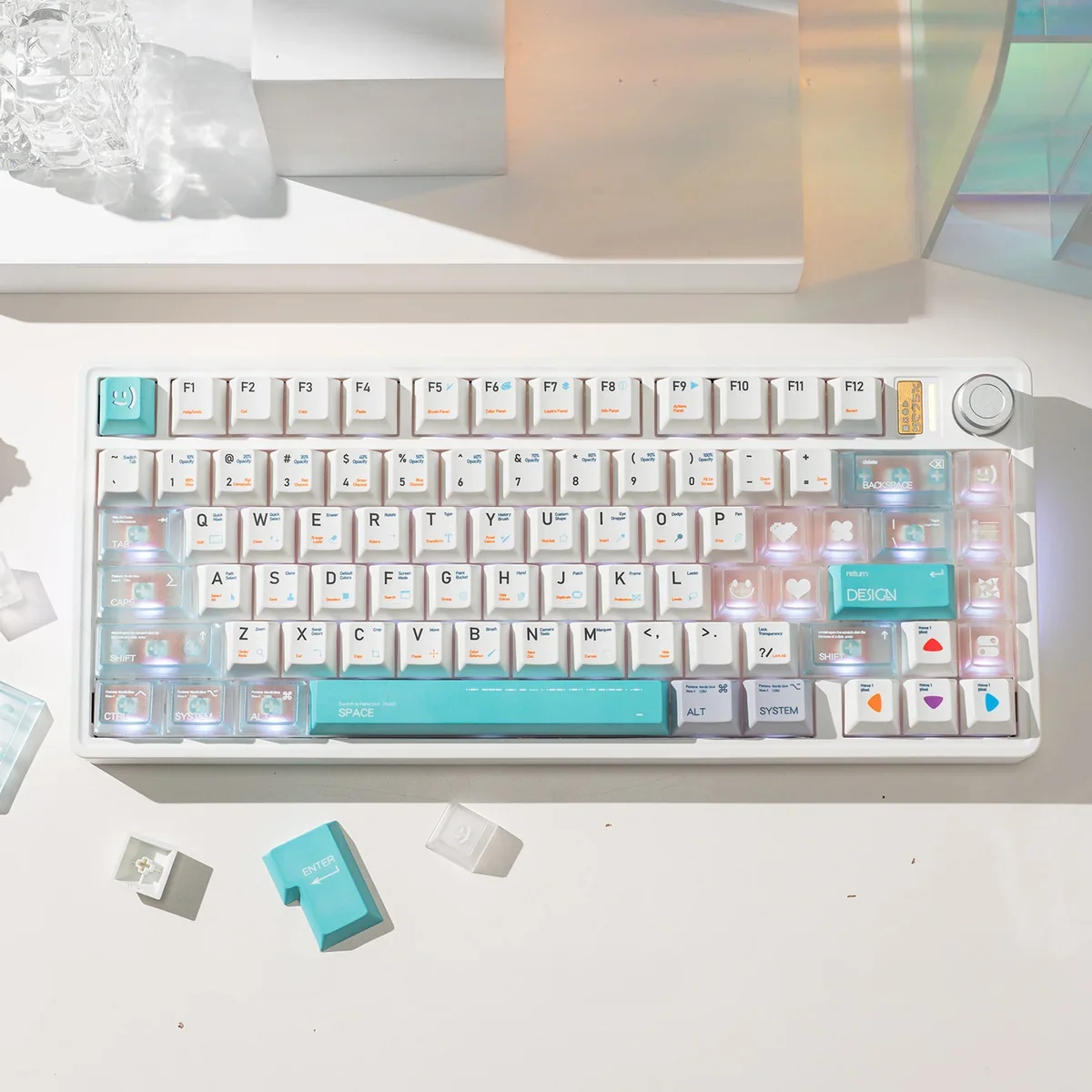 Elegant Designer PBT & Frosted PC Keycap Set. Highlights its modern, minimalist aesthetic with frosted translucent hybrid materials and crisp, durable PBT & PC material.