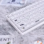 Premium Designer PBT keycaps set in a modern two-tone design, showcasing crisp dye-sub legends and perfect backlight compatibility from multiple angles.