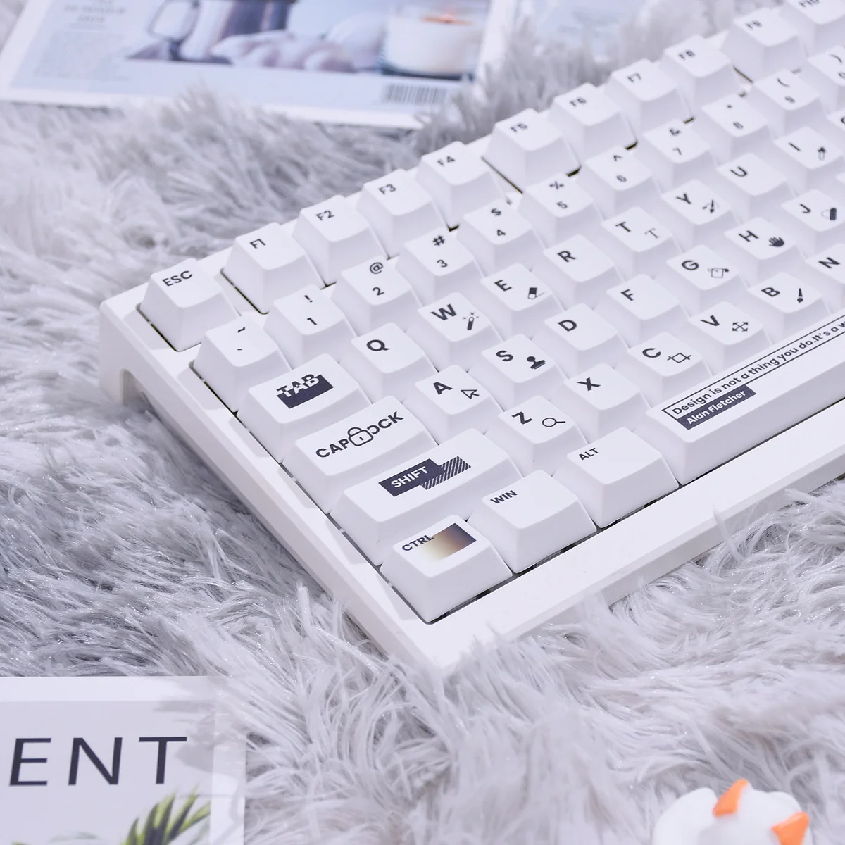 Premium Designer PBT keycaps set in a modern two-tone design, showcasing crisp dye-sub legends and perfect backlight compatibility from multiple angles.