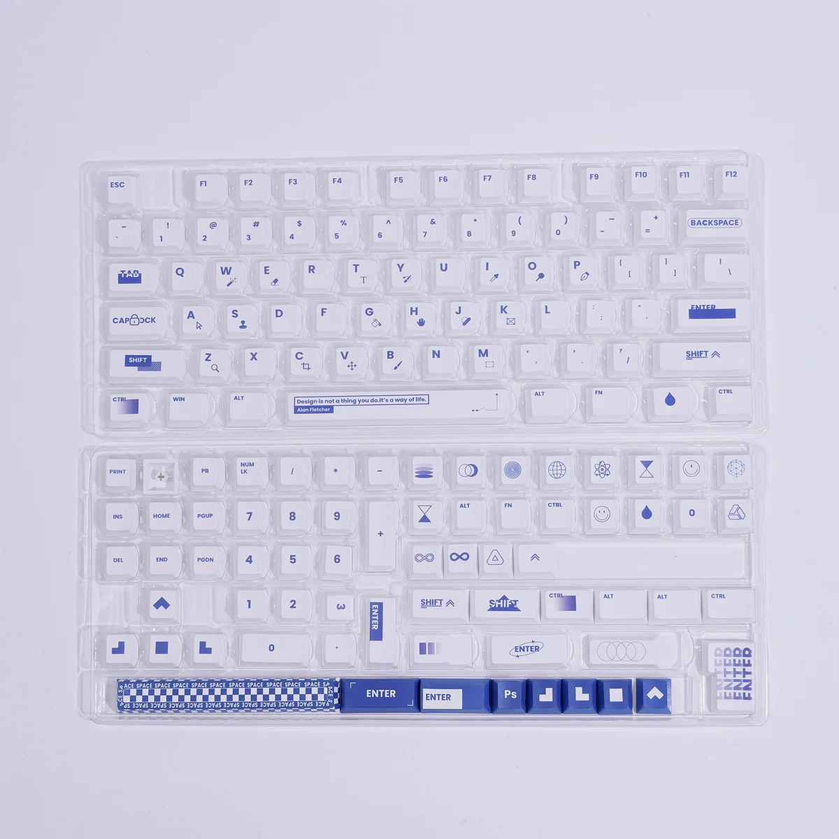 Boxed designer 130-key Designer PBT keycap set in a sleek blue and white, featuring crisp dye-sub legends and premium backlight compatibility.