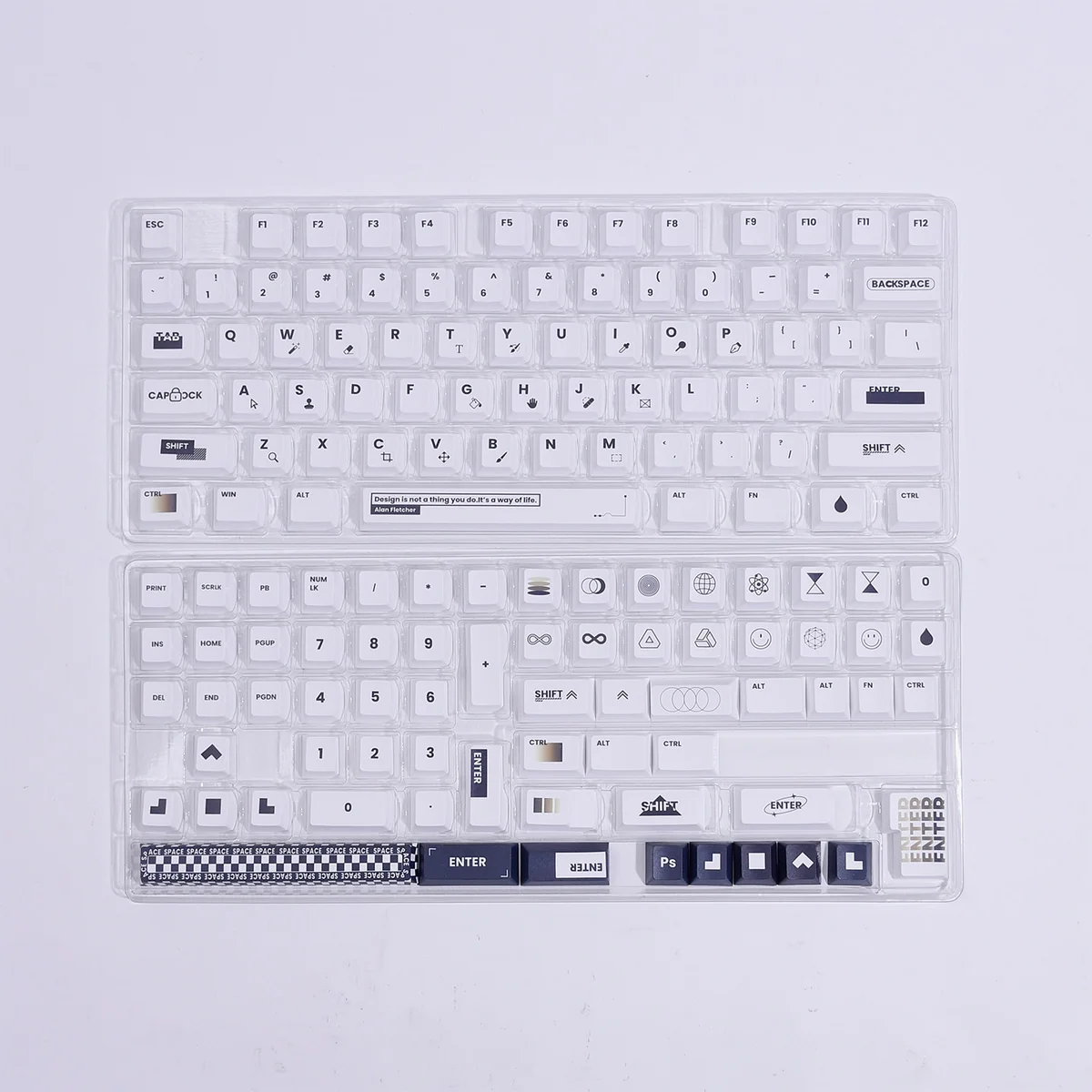 Premium black and white 130-key Designer PBT dye-sub keycap set, featuring a modern, minimalist design perfectly enhancing backlight compatibility.