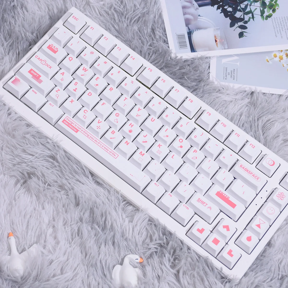 Premium pink and white 130-key Designer PBT dye-sub keycap set, designed for modern keyboards and brilliant backlight compatibility.