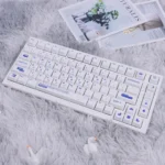 Modern blue-white 130-key Designer PBT dye-sub keycap set, boasting a designer two-tone minimalist style with crisp legends, perfectly backlight-compatible setup.