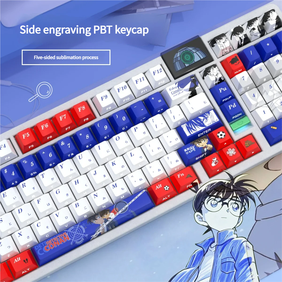 Close-up of the iconic Detective Conan PBT keycaps set, showcasing its sleek, mysterious side-printed legends and illuminating shine-through design.