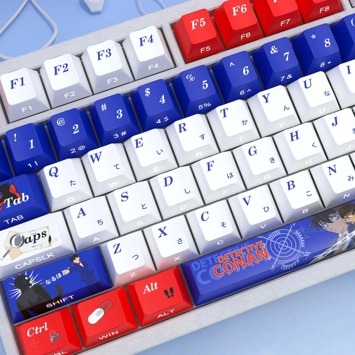 Sleek Detective Conan PBT keycaps set, side-printed with mysterious shine-through legends, viewed from an artistic angle, revealing premium details.