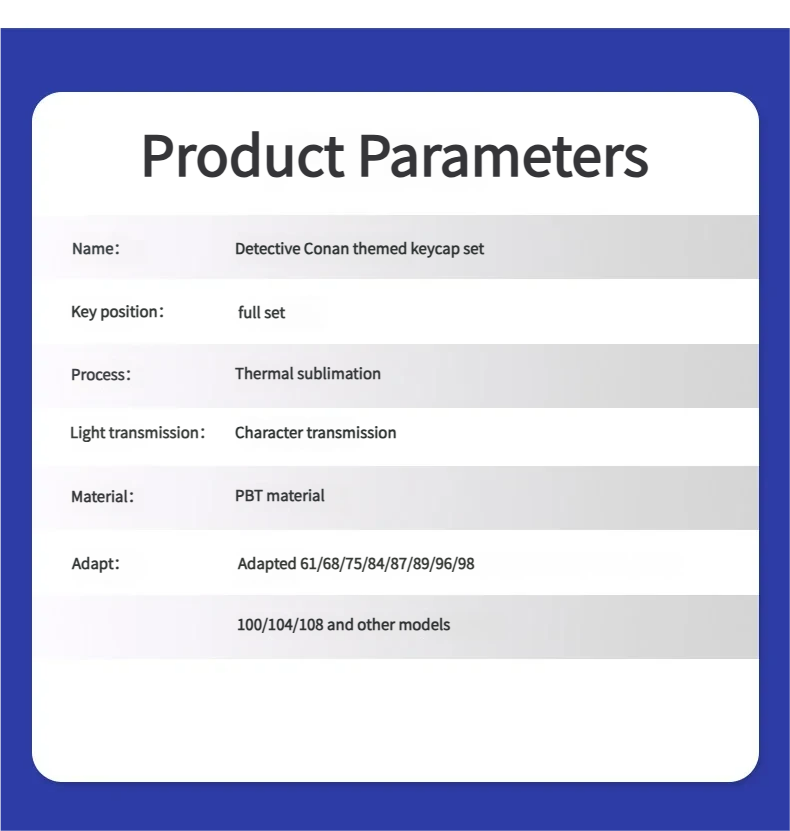 Iconic Detective Conan PBT keycaps set with a sleek, mysterious aesthetic, featuring illuminating side-printed legends for a unique glow.