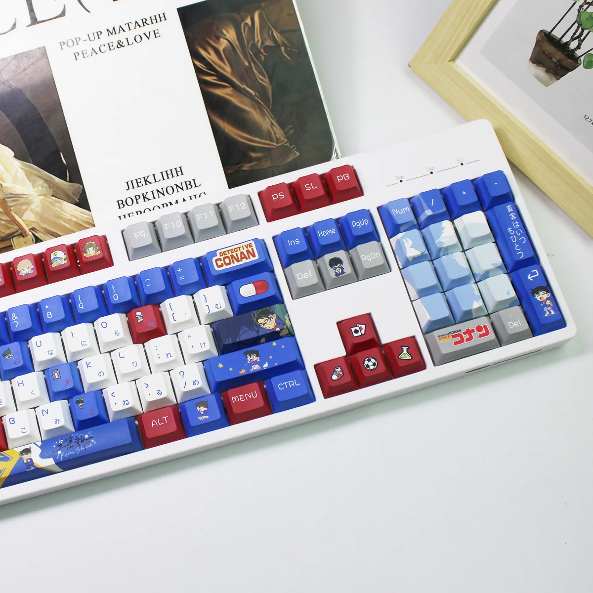 Vibrant gallery showcasing iconic Detective Conan PBT keycaps set from multiple angles, featuring playful anime characters, symbols, and diverse profiles.