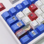 A playful gallery of Detective Conan PBT keycaps set, viewed from various angles, showcasing diverse iconic anime characters and symbols for a fun keyboard.