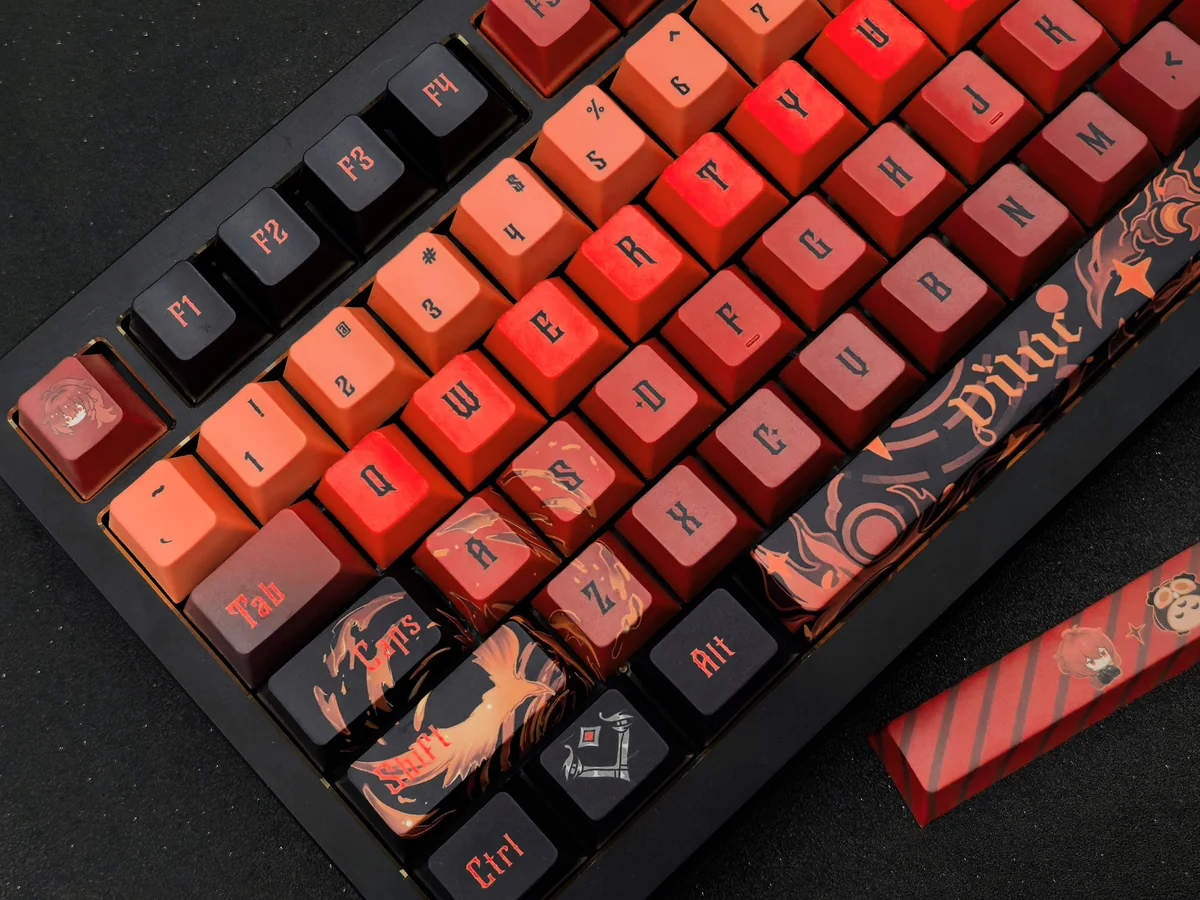 Multiple angles of the exclusive Genshin Impact Diluc artisan keycap set, showcasing its fiery dark red, black, and gold design with intricate character design.
