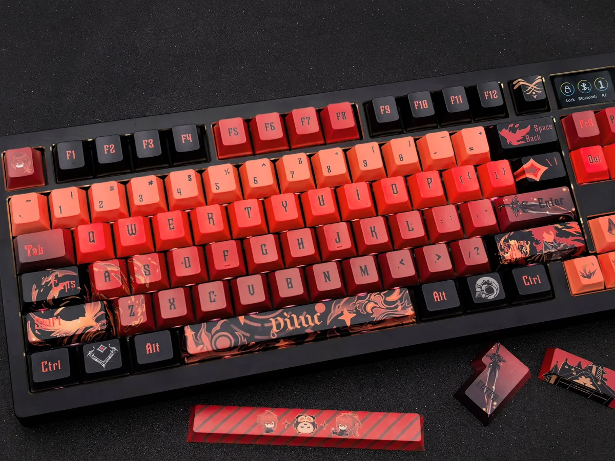 Premium artisan Diluc keycap set showcasing fiery dark red, black, and gold Genshin Impact Diluc character motifs, an exclusive collectible.