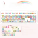 Dopamine Keycaps Set: Whimsical PBT dye-sublimated set, showcasing vibrant candy colors, carousel, and windmill motifs from multiple angles.