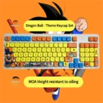 A gallery of vibrant Dragon Ball PBT Dye-Sub keycaps set displayed from various angles, showcasing iconic super-saiyan characters and symbols for a dynamic design.
