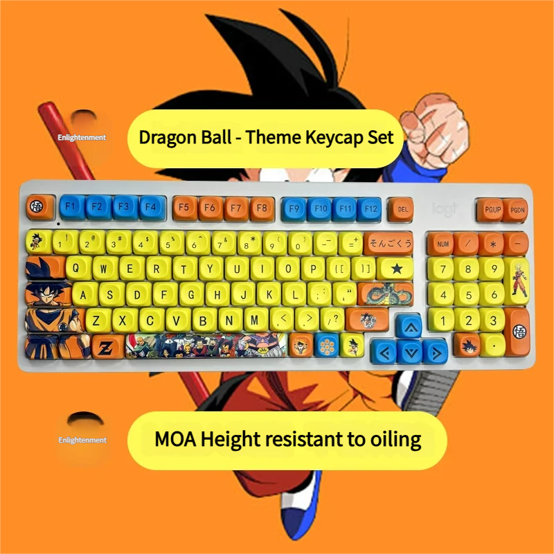 A gallery of vibrant Dragon Ball PBT Dye-Sub keycaps set displayed from various angles, showcasing iconic super-saiyan characters and symbols for a dynamic design.