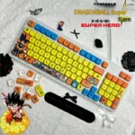Epic Dragon Ball PBT dye-sub keycaps set captured from multiple angles, showcasing vibrant Super Saiyan characters and iconic symbols with playful, dynamic design.