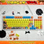 Playful Dragon Ball PBT dye-sub keycaps set, displayed from multiple dynamic angles, featuring vibrant super-saiyan characters and iconic symbols.