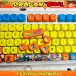 Vibrant Dragon Ball PBT dye-sub keycaps set, shown from multiple angles. Iconic Super Saiyan visuals bring playful, dynamic anime style.