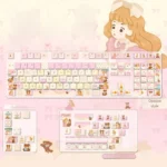 Whimsical Dream Island PBT dye-sub keycaps set displayed from multiple angles, showcasing the ethereal islandscapes and soft, dreamy color palette.