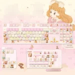 Artistic Dream Island PBT dye-sub keycap set, side-lit, with a square top, depicting ethereal islandscapes in soft, dreamy colors.