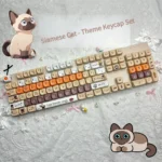 Elegant Siamese Cat PBT MOA Keycaps Set displayed from multiple angles. Features charming feline art, durable PBT, and comfortable MOA profile.