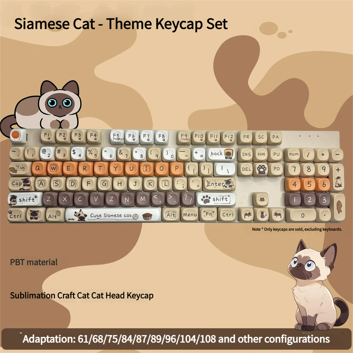 Elegant Siamese Cat Keycaps Set for mechanical keyboards, featuring a graceful design and durable PBT material with comfortable MOA profile.