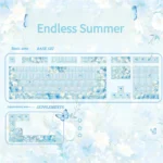 Cherry profile Endless Summer keycaps set, side-lit and blank, featuring durable PBT in soft pastel blues and greens, capturing a serene, sun-drenched summer inspired.