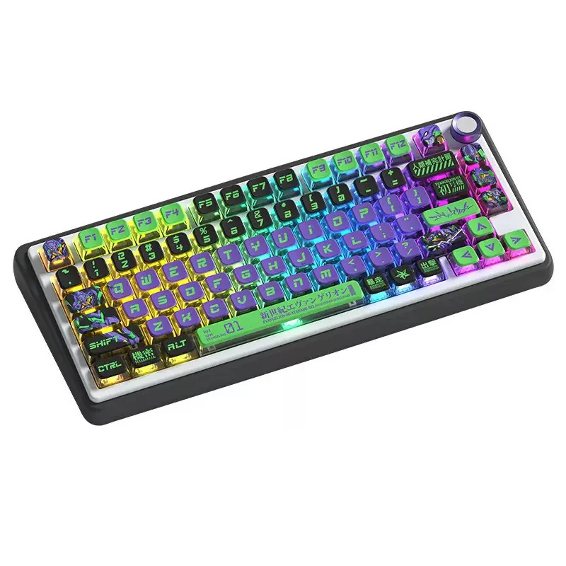 Evangelion Unit-01 PBT translucent keycaps set, showcasing the iconic mecha aesthetic, vibrant anime colors, and unique four-sided glow from various angles.
