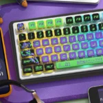 Side view of the Evangelion Unit-01 PBT translucent keycaps set, emphasizing its iconic mecha artwork and vibrant four-sided light-through design.