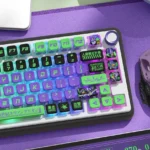 Iconic Evangelion Unit-01 PBT translucent keycaps set, vividly displaying mecha aesthetic and vibrant anime colors. Four-sided translucency highlighted design.