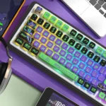 An artistic detail shot of the Evangelion Unit-01 PBT translucent keycaps set, highlighting their iconic mecha design and unique four-sided translucent design.