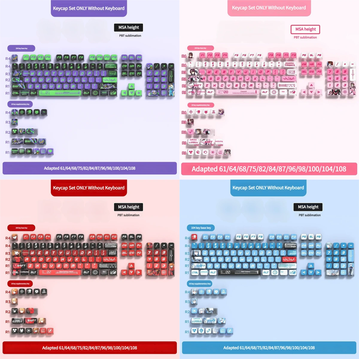 Evangelion Unit-01 PBT translucent keycaps set, showcasing the iconic mecha design with vibrant anime colors and unique four-sided translucency.