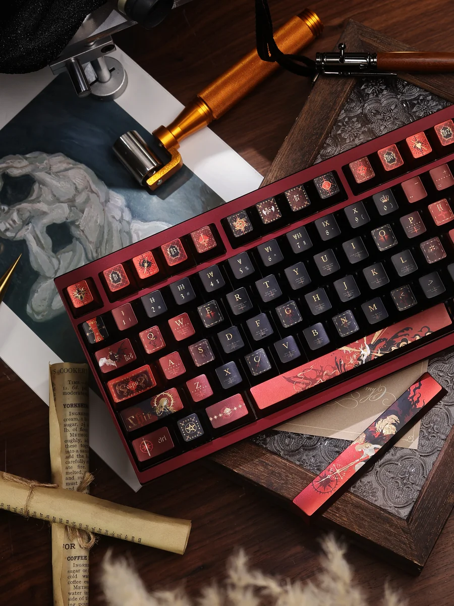 Artistic handcrafted Fallen Starlight Lucifer artisan keycap set, showcasing a dark celestial, fallen angelic design with dramatic metallic luster.