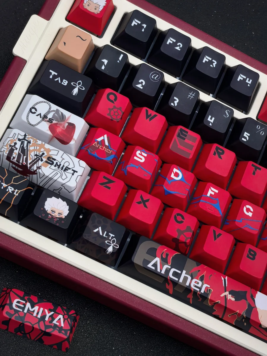 Exclusive Fate/Stay Night Red Archer heroic keycap set, presented from multiple angles. Features iconic anime character art and premium red and black stye.