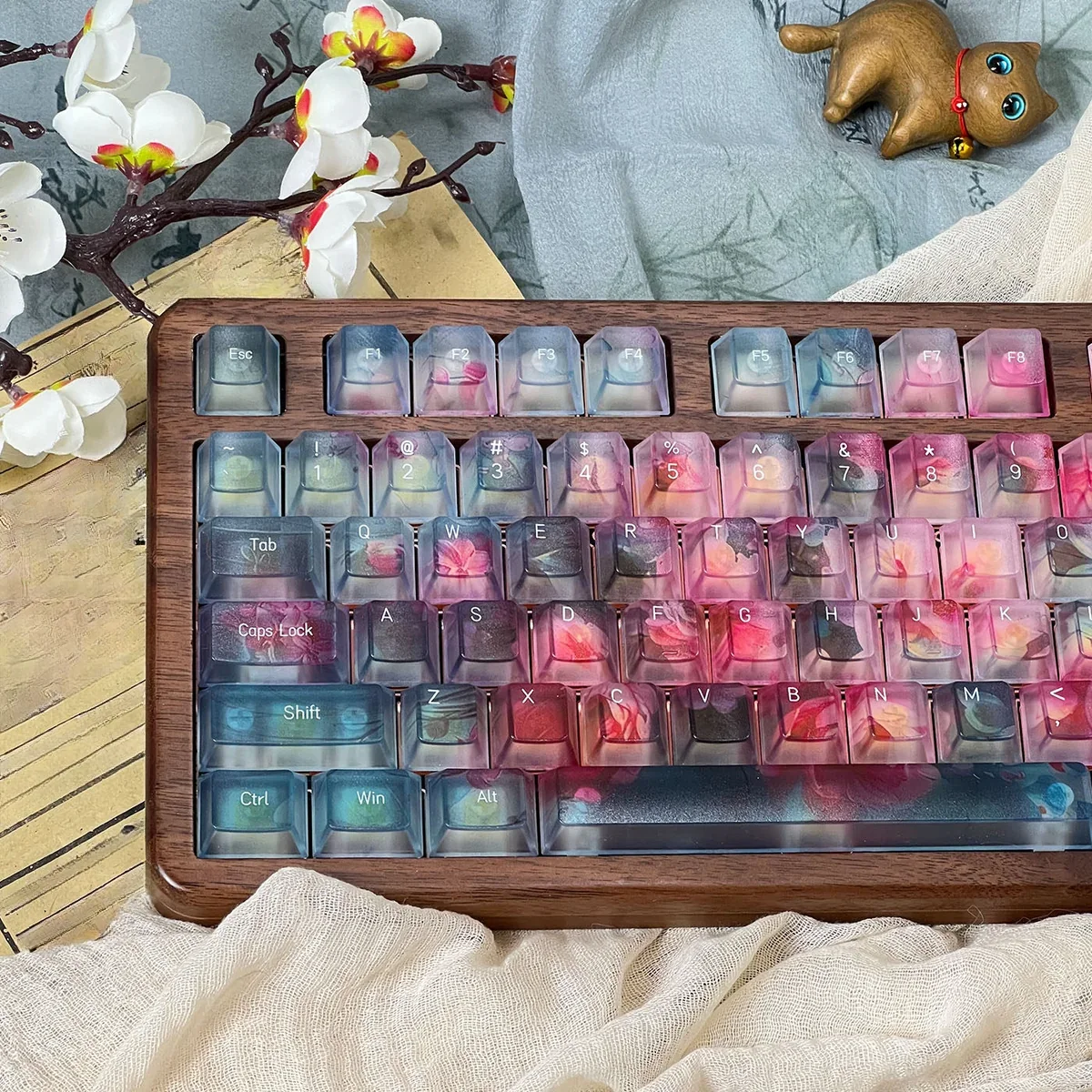Ethereal floating flower gradient PC keycaps set, featuring translucent design and delicate floral patterns, shown from diverse angles.
