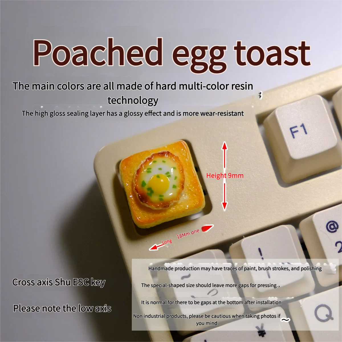 Whimsical handcrafted 3D fried egg on toast artisan keycap, featuring a vibrant yellow yolk and white on miniature bread. Perfect for mechanical keyboard.