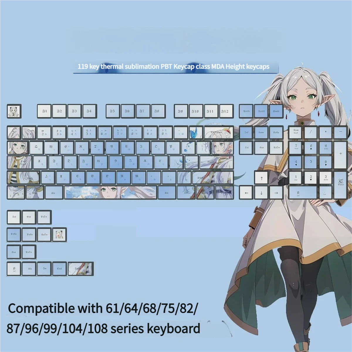 Enchanting Frieren RGB keycaps set displayed from various angles, showcasing the vibrant anime art and mesmerizing four-sided light-through effect.