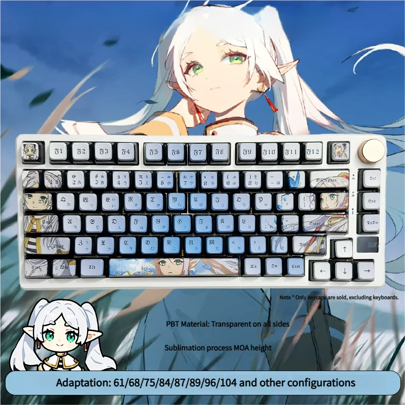 Enchanting Frieren RGB keycaps set with vibrant anime art and mesmerizing four-sided light-through effects, perfect for fans.