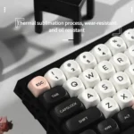 Stunning galaxy keycaps set in an ergonomic MOA profile PBT set, featuring intricate monochrome cosmic patterns and abstract stellar art from various angles.