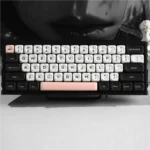 Close-up view of Galaxy Keycaps set, showcasing stunning monochrome cosmic patterns and ergonomic MOA profile from a distinct angle.