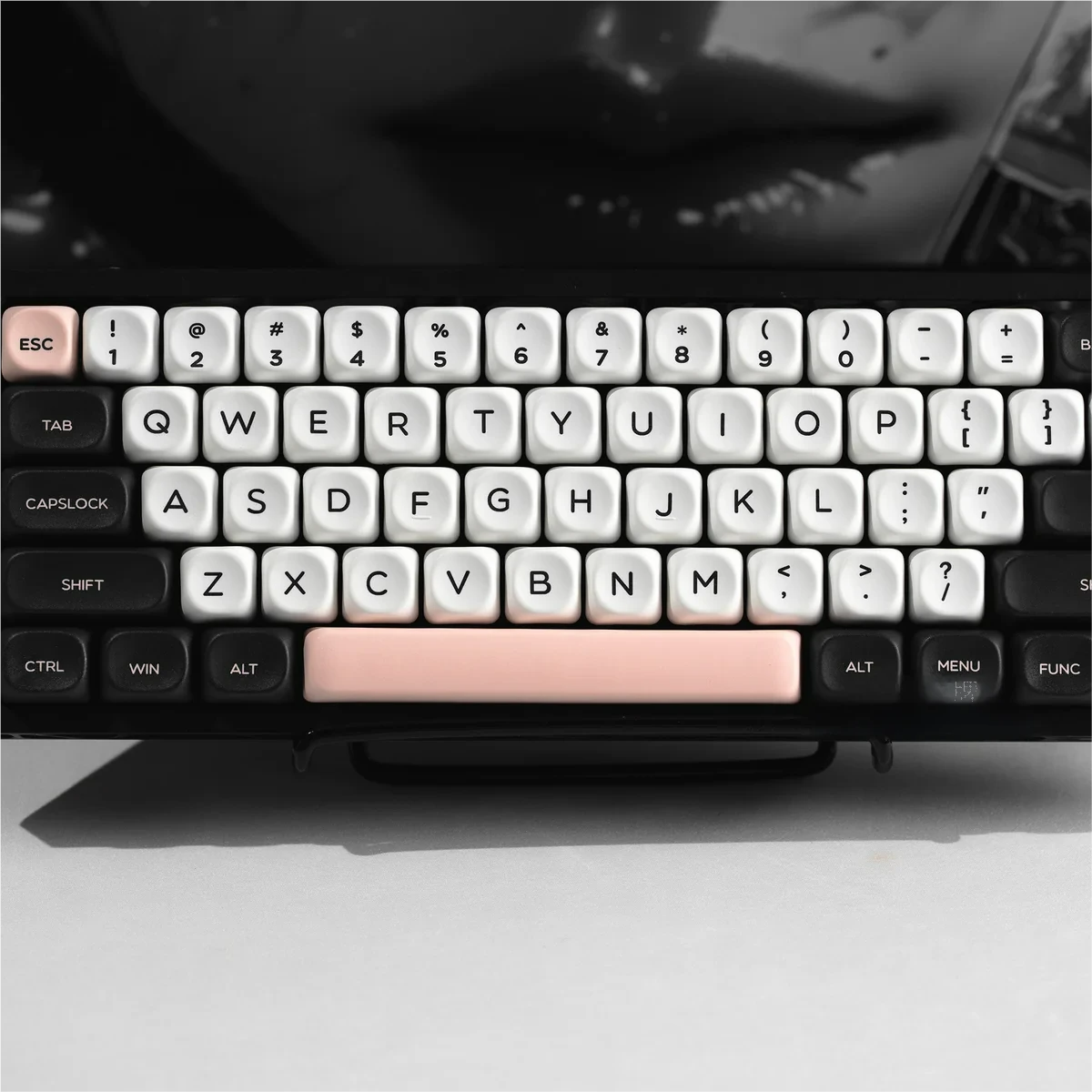 Close-up of Galaxy Keycap set, MOA profile PBT set, with stunning monochrome cosmic art and ergonomic design for a sophisticated look.