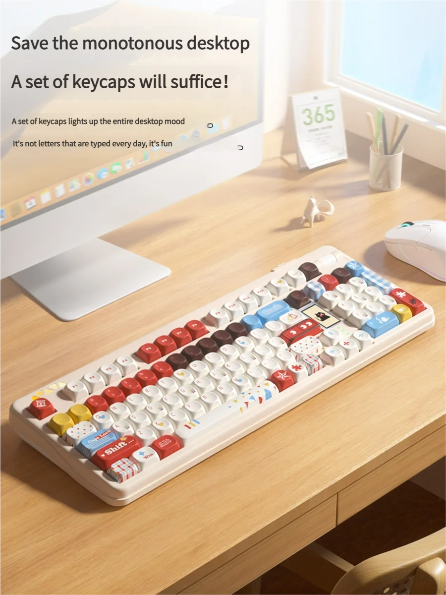 A vibrant gallery showcasing the Super Player retro gaming keycap set from various angles, featuring its playful primary colors and bold pixel art aesthetics art.