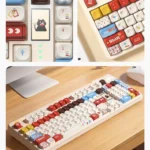 Multiple views of the Super Player gaming keycap set, displaying its vibrant retro aesthetic with playful pixel design. art and bold primary colors.