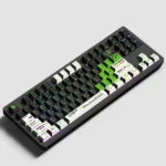 Phantom Mecha side-lit PBT gaming keycaps set viewed from multiple angles, highlighting their sleek, futuristic design and tactical illuminated legends.