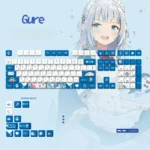 Vibrant Gawr Gura PBT keycaps set with side-printed, translucent legends for a small full set, featuring cute shark designs and oceanic blues.