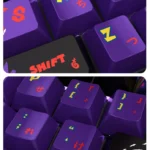 A collection of Gengar pearlescent PBT keycaps set for magnetic switches, showcasing their shimmering, high-gloss metallic finish from multiple angles.
