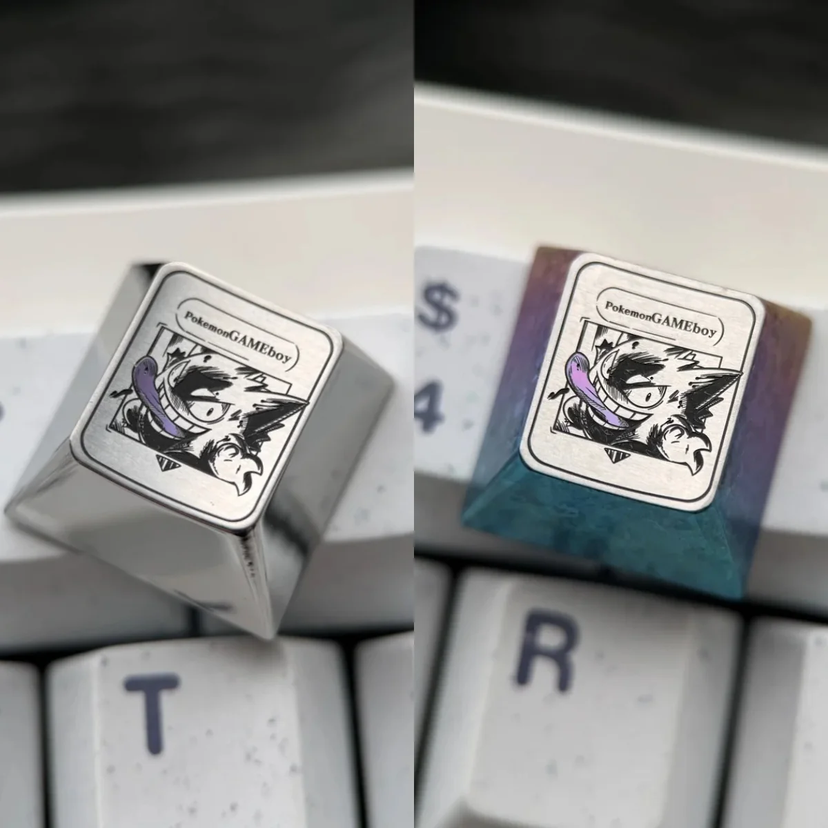 Artisan crafted Gengar Titanium Pokemon Keycap with an iridescent ice crystal finish, made from premium titanium alloy for a vibrant, iconic design.