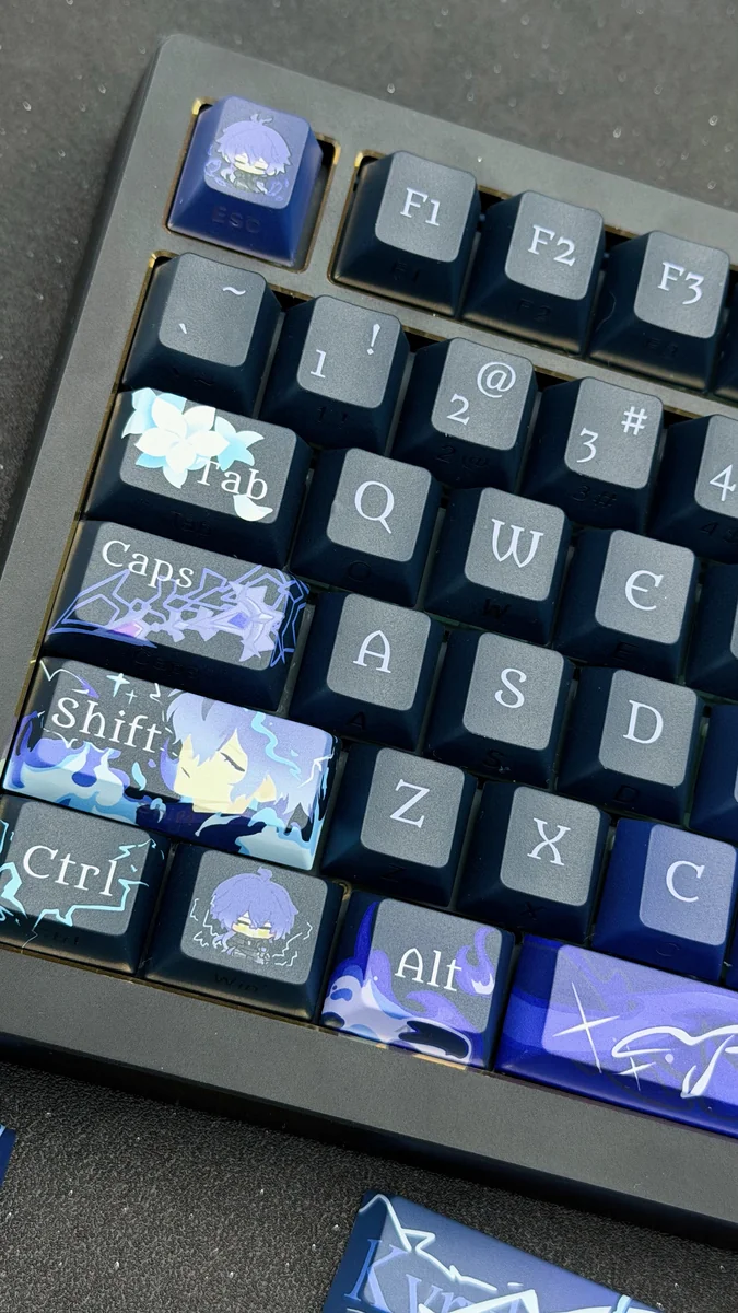 Close-up of an exclusive Genshin Impact Flins side-legend keycap set, highlighting its dynamic anime character art and minimalist design from a detailed angles.